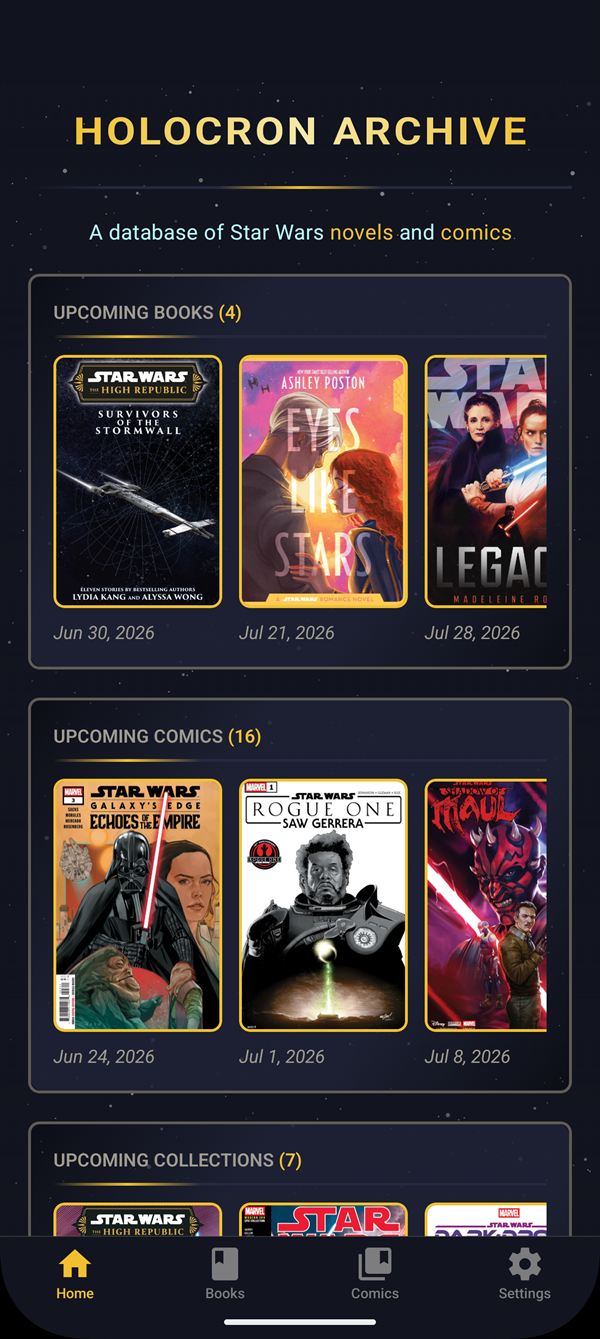 Home screen with live stats and upcoming releases