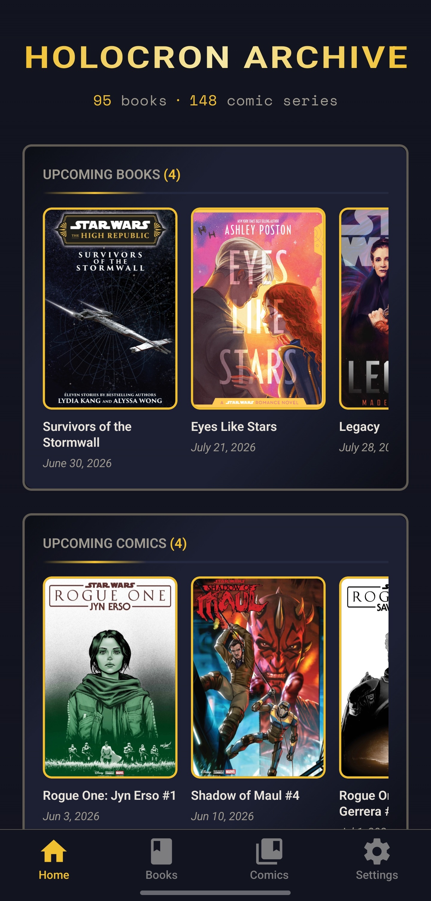Home screen with live stats and upcoming releases