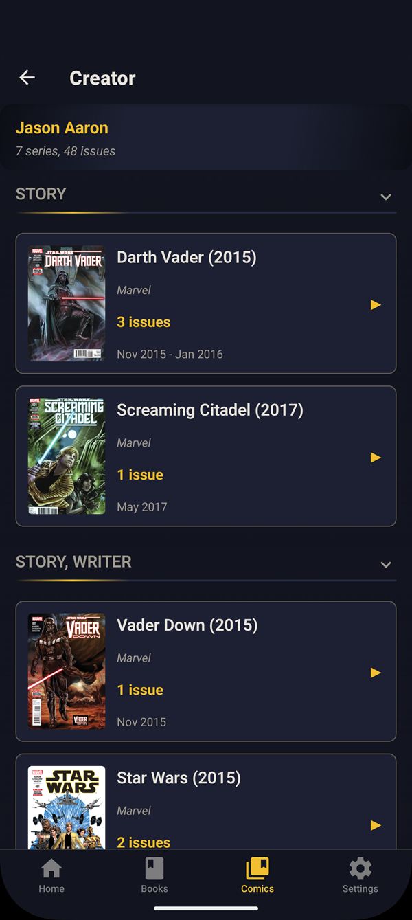 Creator page listing series and issues