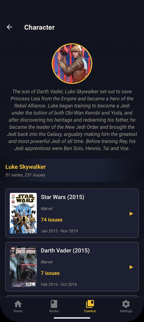 Character page with comic appearances